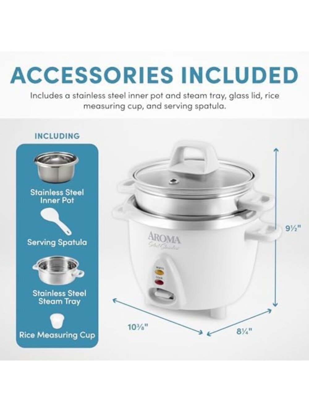 6-Cup Rice Cooker & Food Steamer - Stainless Steel, One-Touch, Easy Clean, White - Picture 2 of 6